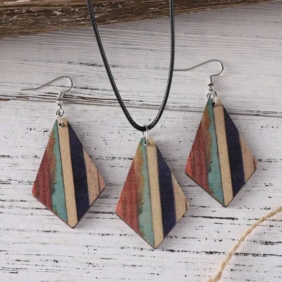 3pcs/set Vintage Bohemian Style Turquoise Stripe & Geometric Wood Double-sided - Picture 1 of 5